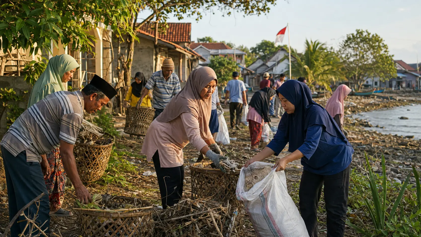 Visual contoh gotong royong membersihkan lingkungan pesisir Indonesia