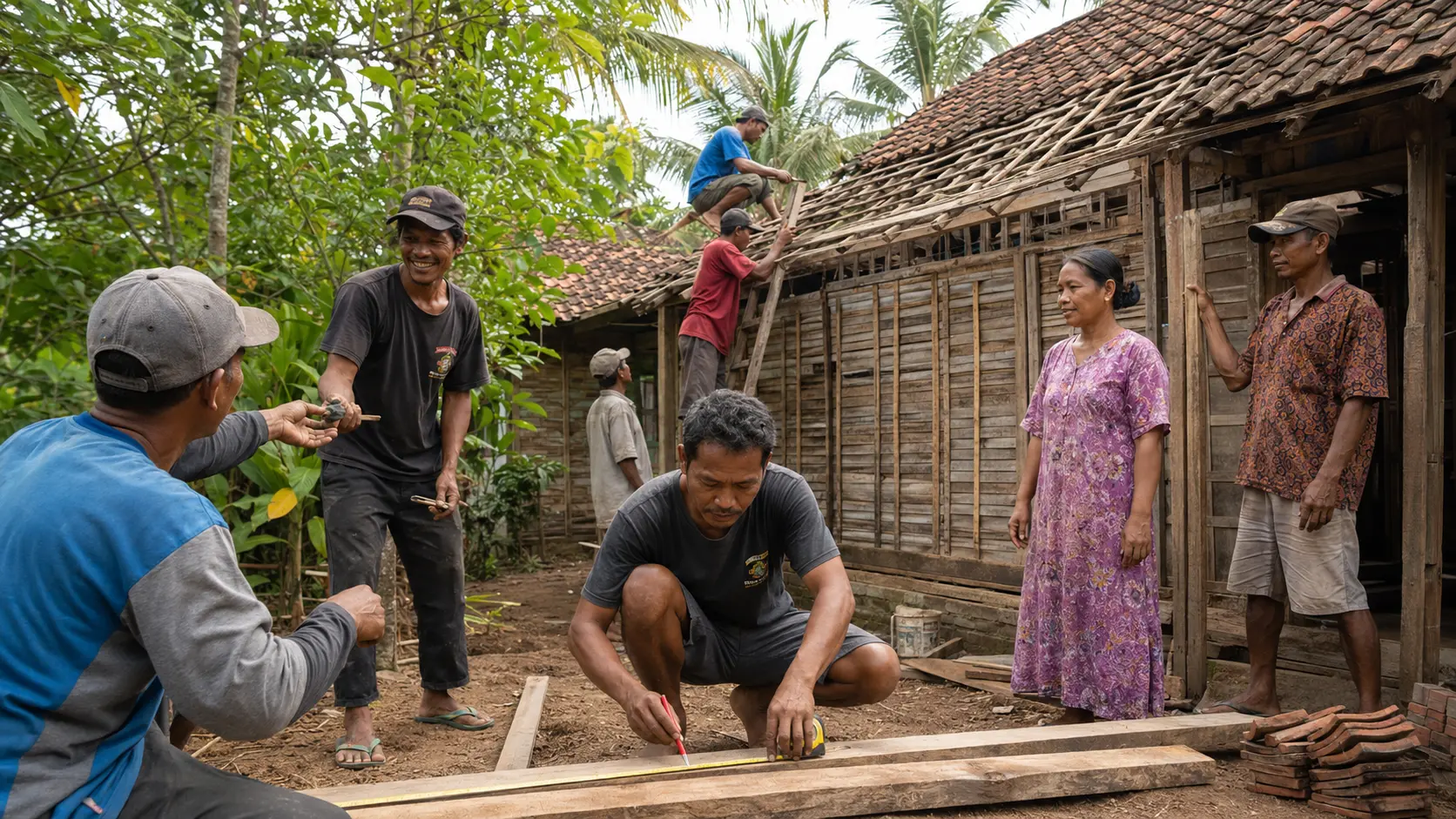 Visual contoh gotong royong renovasi rumah warga di perdesaan Indonesia